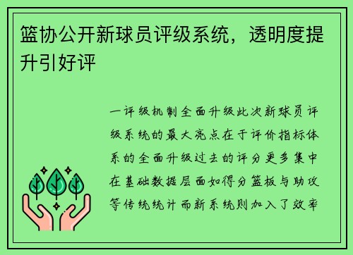 篮协公开新球员评级系统，透明度提升引好评